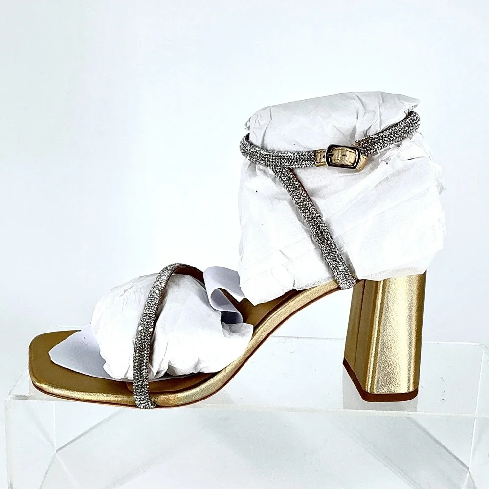 Badgley Mischka Silver Crystal-Strap Gold Block Heel Sandals